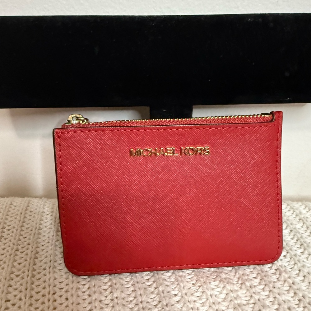 Michael Kors Red Saffiano Leather Zip Card Holder with Gold Logo